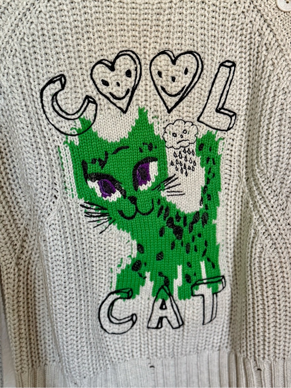 Zadig & Voltaire 100% Cotton Embroidered Cat Graphic Knit Sweater / Size Small
